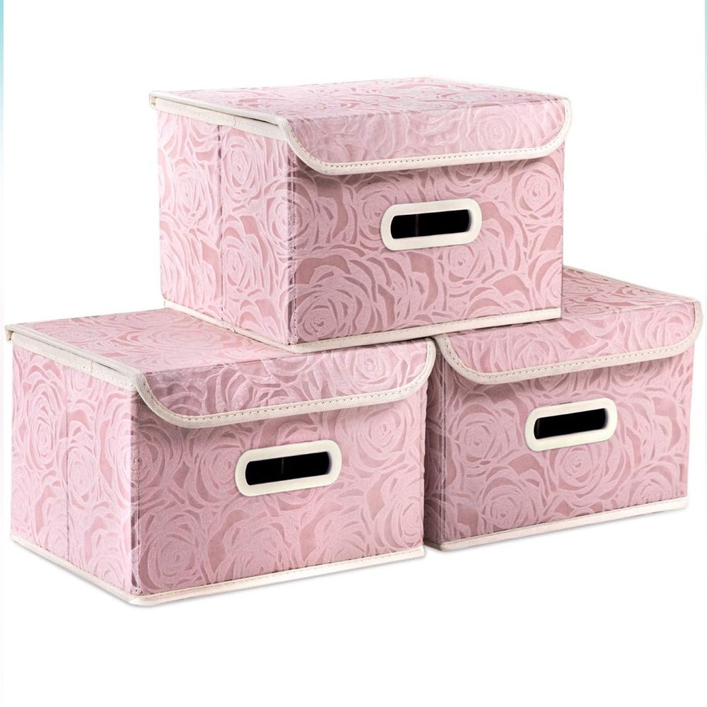 NWT PRANDOM Pink Floral Collapsible Storage Bin with Lid [3-Pack] Size: Small